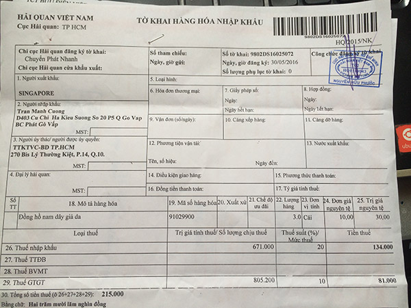 tờ khai hải quan - đóng thuế nhập khẩu